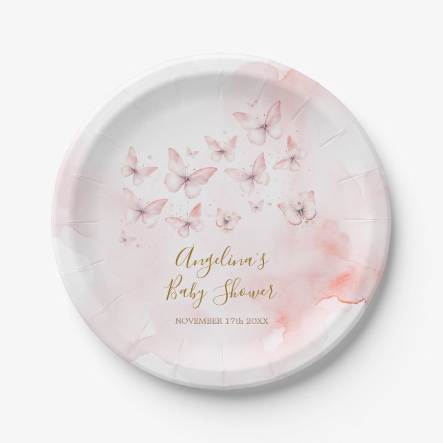 Plato De Papel Chica Baby Shower de mariposa rosa (Anverso)