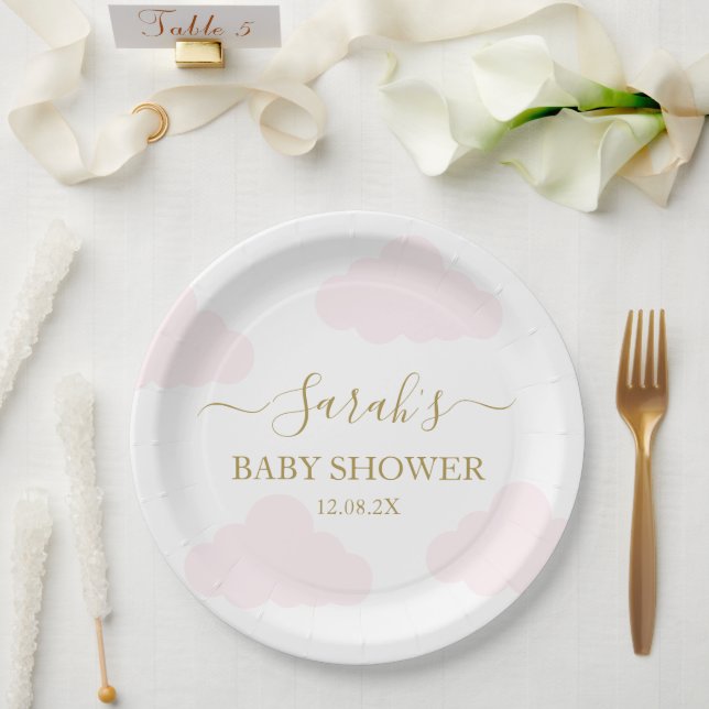 Plato De Papel Chica Baby Shower de nubes rosadas (Boda)