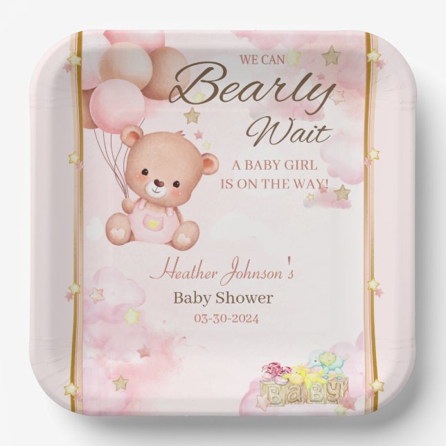 Plato De Papel Chica Baby Shower de oso (Anverso)