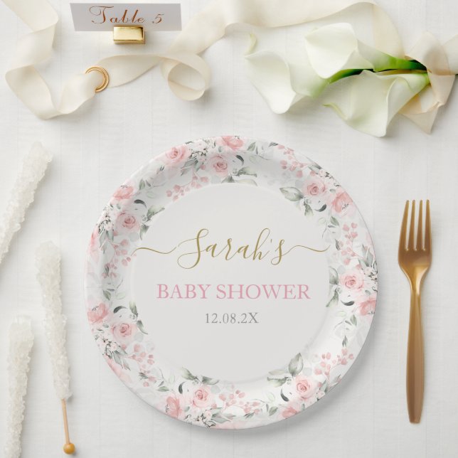 Plato De Papel Chica Baby Shower floral rosa (Boda)
