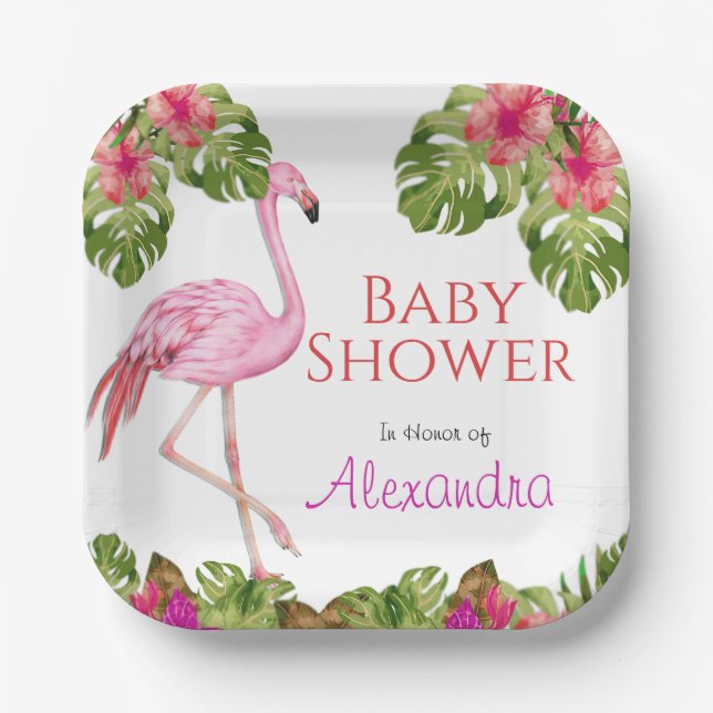 Plato De Papel Chica Baby Shower Pink Flamingo Tropical Wildlife (Anverso)