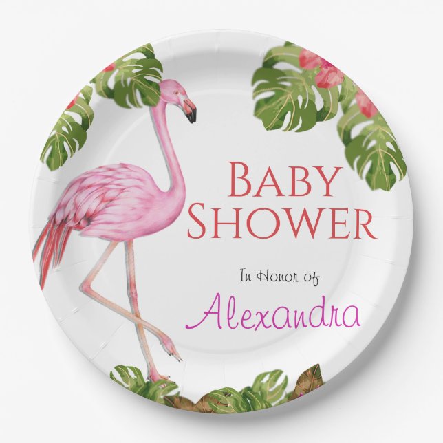 Plato De Papel Chica Baby Shower Pink Flamingo Tropical Wildlife (Anverso)