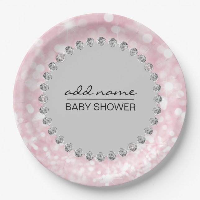Plato De Papel Chica Baby Shower rosa/gris personalizado (Anverso)