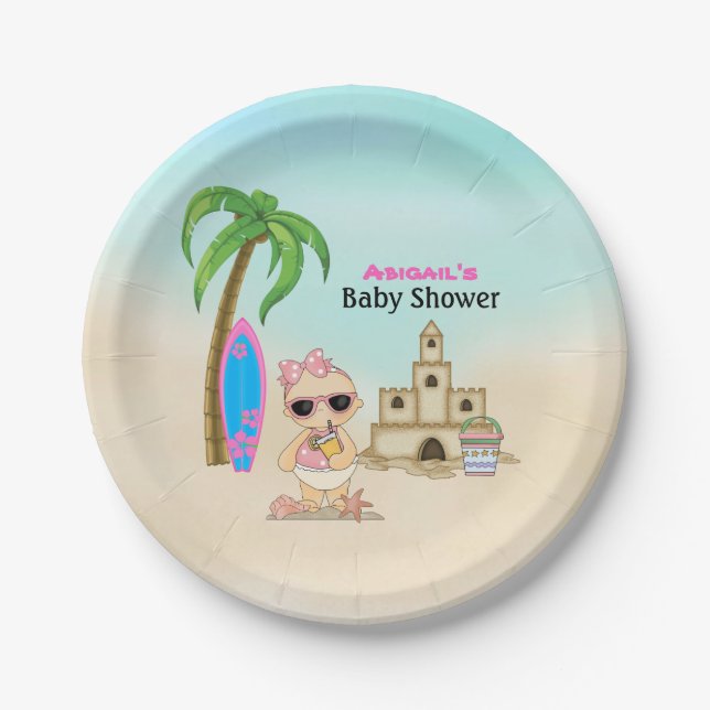 Plato De Papel Chica Beach Baby Sandcastle, Surfboard Baby Shower (Anverso)