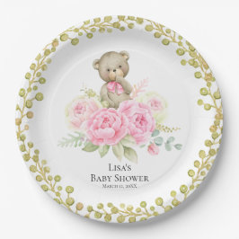 Plato De Papel Chica Bear Flores Rosa | Placas de papel