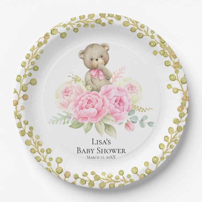Plato De Papel Chica Bear Flores Rosa | Placas de papel (Anverso)