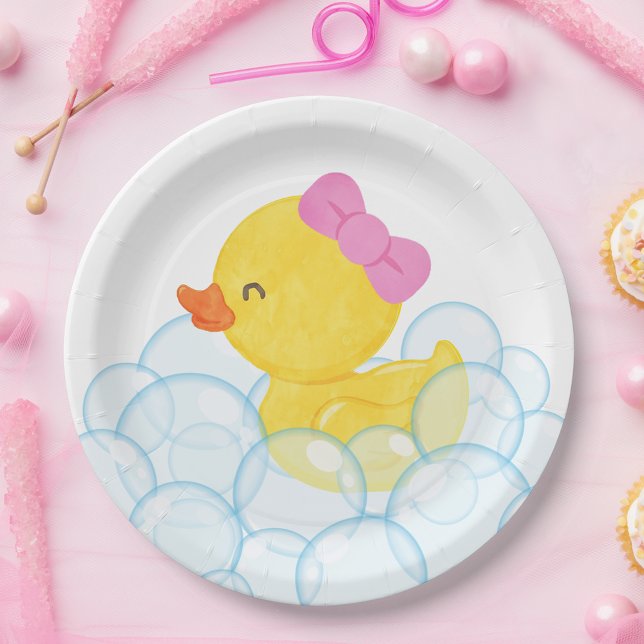 Plato De Papel Chica blanco acuarela Fiesta de pato de goma (Watercolor Girl Rubber Duck Paper Party Plates on White for Birthday or Baby Shower)