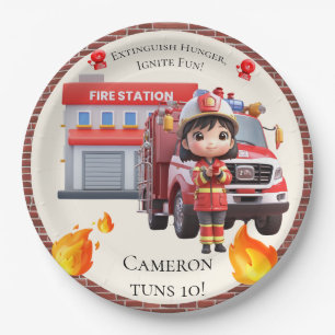 Plato De Papel Chica bombero y camión de bomberos de Kawaii