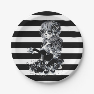 Plato De Papel Chica Calavera Azucarada Bonita con Rayas Negras y
