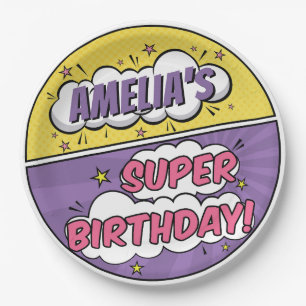 Plato De Papel Chica Comic Style Superhéroe feliz cumpleaños