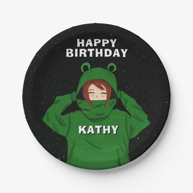 Plato De Papel Chica con caramba de rana verde Cumpleaños (Anverso)