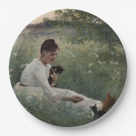 Plato De Papel Chica con gatos en un paisaje veraniego (gatitos)