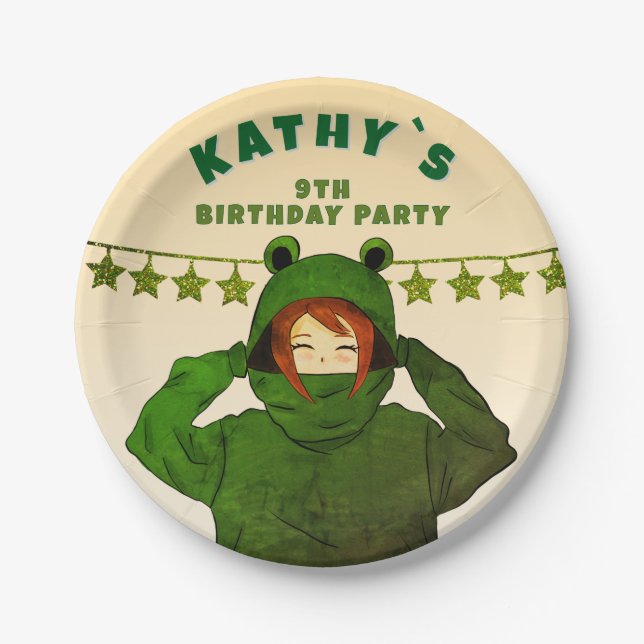 Plato De Papel Chica con Hoodie de Rana Verde Cumpleaños (Anverso)