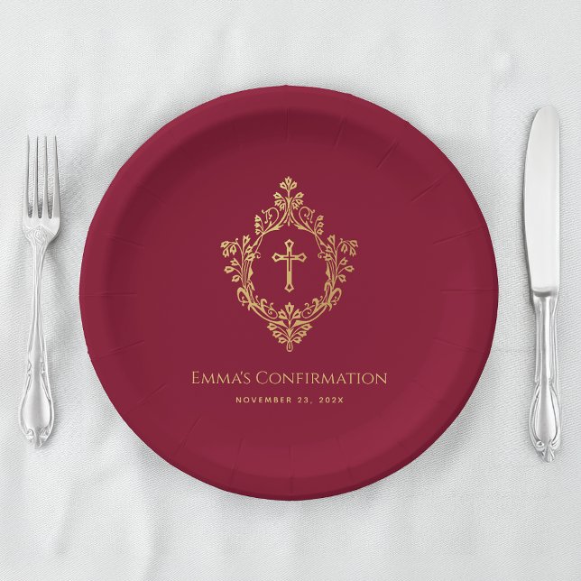Plato De Papel Chica Confirmación Burgundy Faux Gold Escudo Elega (Subido por el creador)