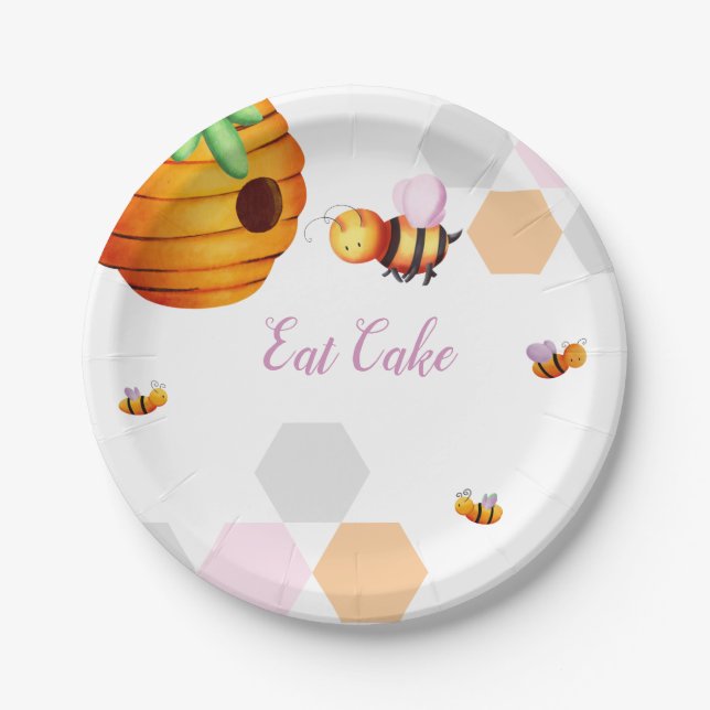 Plato De Papel Chica Cumpleaños de Bebé Abeja Rosa (Anverso)