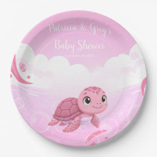 Plato De Papel Chica Cumpleaños de Tortuga de Mar Rosa Adorable