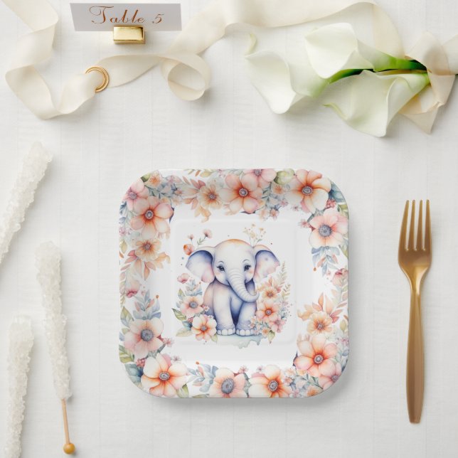 Plato De Papel Chica Cute Baby Elephant (Boda)