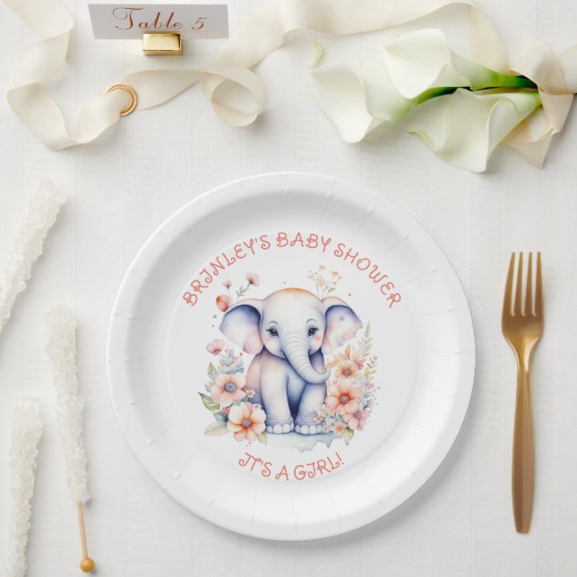 Plato De Papel Chica Cute Baby Elephant (Boda)