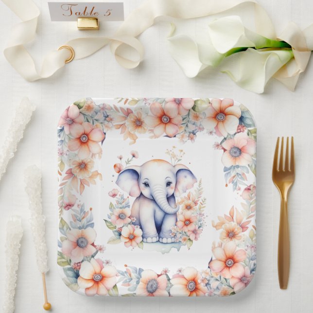 Plato De Papel Chica Cute Baby Elephant (Boda)
