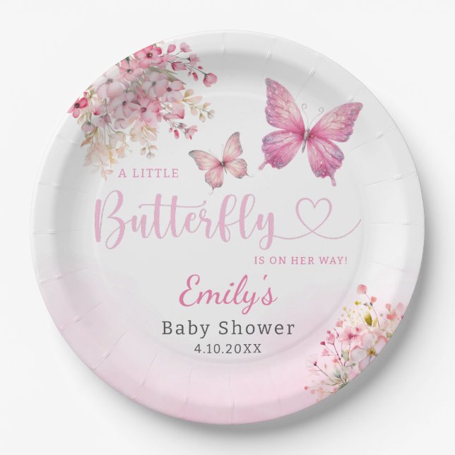 Plato De Papel Chica Cute Boho Pink Floral Butterfly Baby Shower (Anverso)