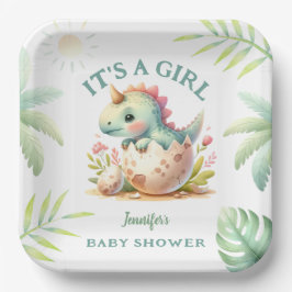 Plato De Papel Chica Cute Dino Rosa Dinosaur Baby Shower