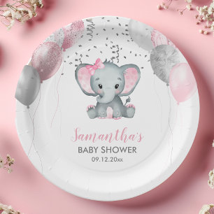 Plato De Papel Chica Cute Elephant Globos Rosa Baby Shower