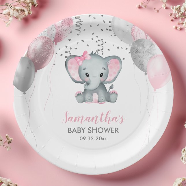 Plato De Papel Chica Cute Elephant Globos Rosa Baby Shower (Cute Girl Elephant Pink Balloons Baby Shower Paper Plates)