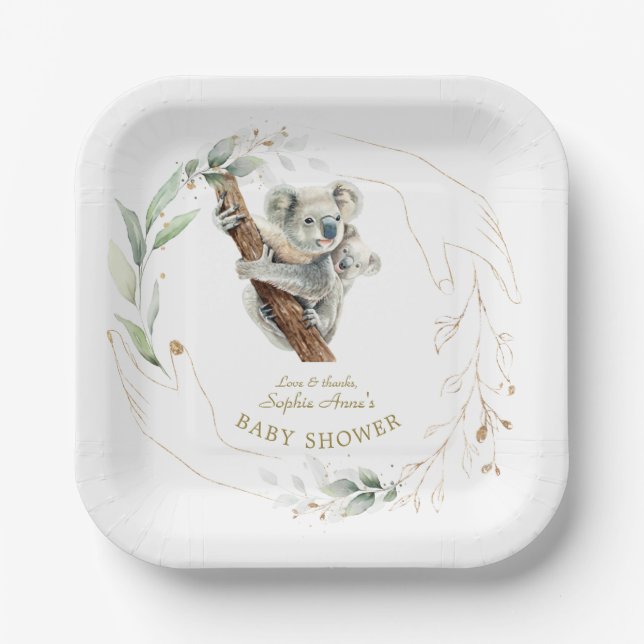 Plato De Papel Chica Cute Koala Greenery Gold Baby Shower (Anverso)