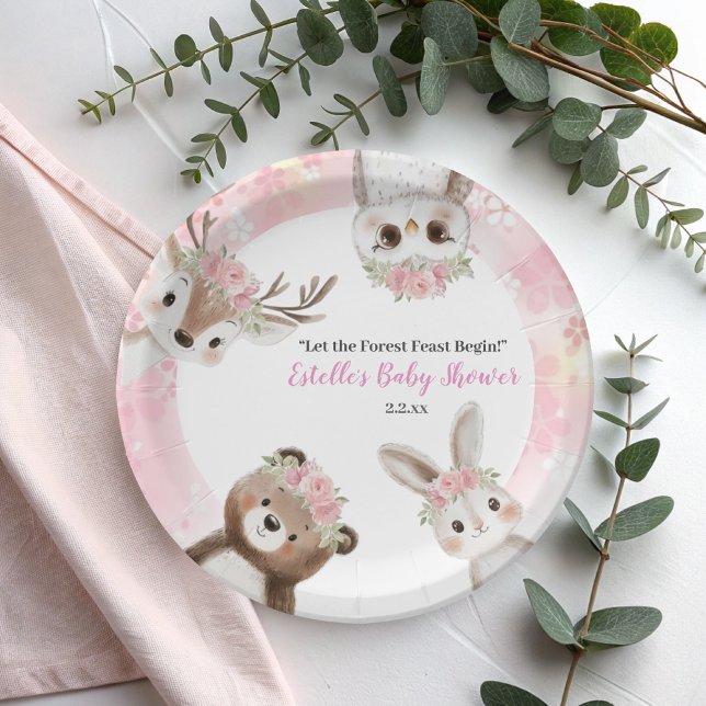 Plato De Papel Chica Cute Pink Floral Woodland Baby Shower (Subido por el creador)