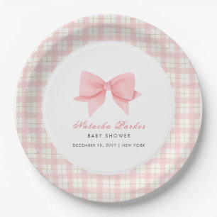 Plato De Papel Chica Cute Pink Gingham Plaid Bow Baby Shower