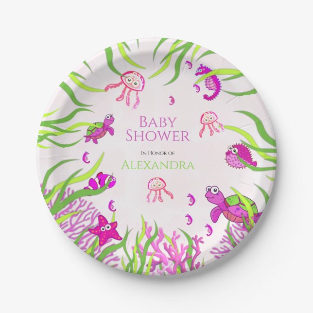 Plato De Papel Chica Cute Pink Under Sea Baby Shower (Anverso)