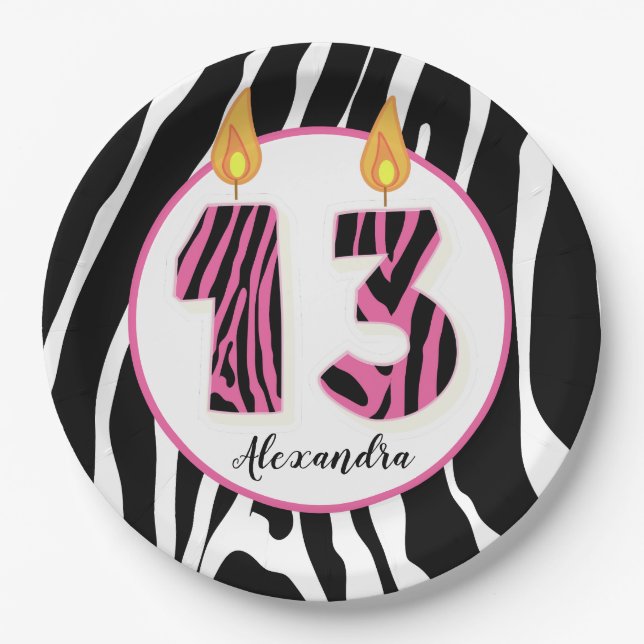 Plato De Papel chica de 13 años Zebra Stripe Pink Trendy Cumpleañ (Anverso)