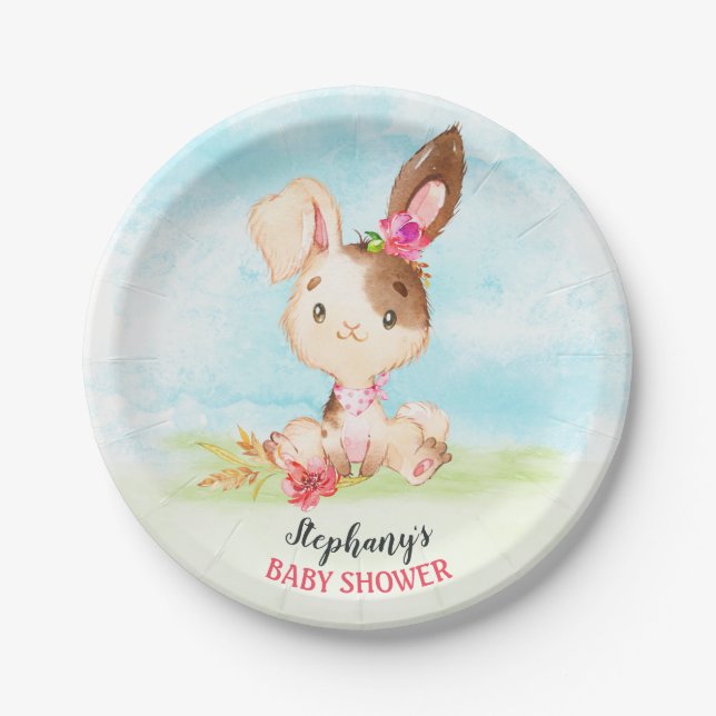 Plato De Papel Chica de acuarela Bunny Baby Shower Farm (Anverso)