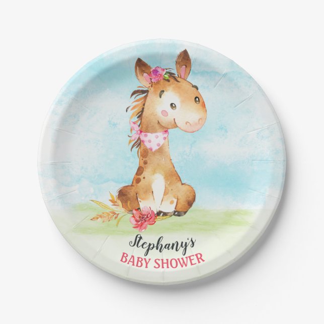 Plato De Papel Chica de acuarela Caballo Baby Shower Farm (Anverso)