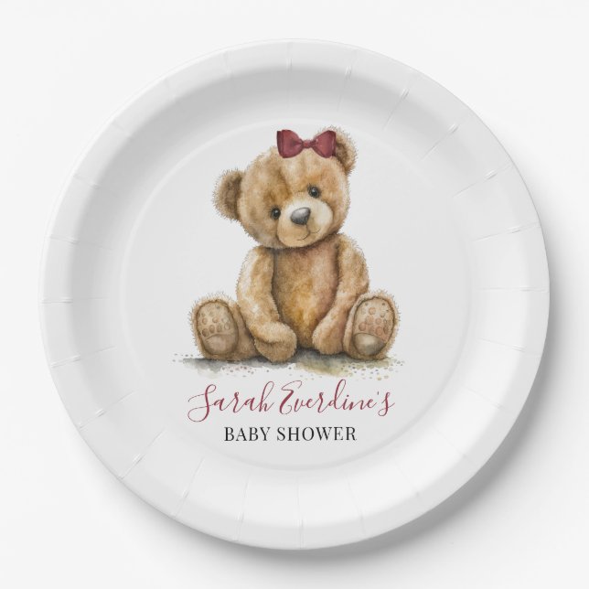 Plato De Papel Chica de acuarela Teddy Bear Baby Shower (Anverso)