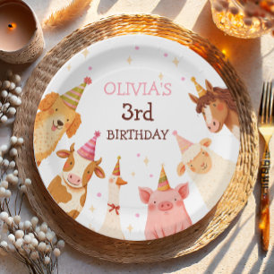 Plato De Papel Chica de animales de granja Pink Gingham Barnyard 