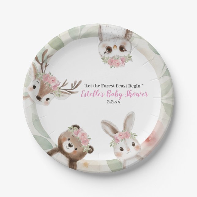 Plato De Papel Chica de Animales de Woodland Rosa Cute (Anverso)