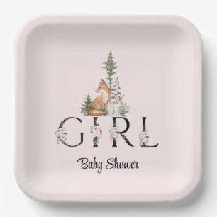 Plato De Papel Chica de animales Woodland Baby Shower