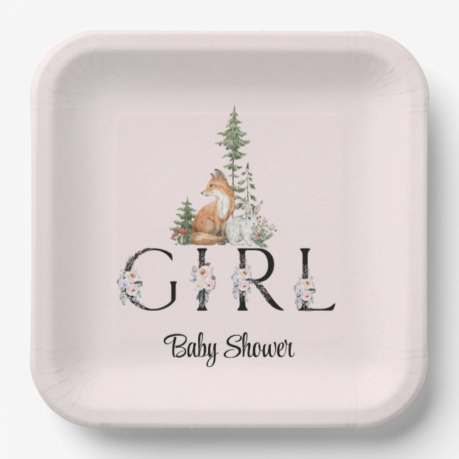 Plato De Papel Chica de animales Woodland Baby Shower (Anverso)