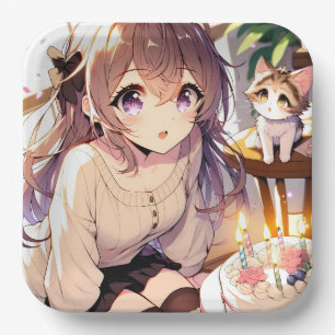 Plato De Papel Chica de anime bonito con torta de gatito y cumple