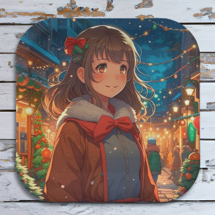 Plato De Papel Chica de Anime en Navidad o Nochevieja