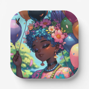 Plato De Papel Chica de anime negro bonito con cumpleaños