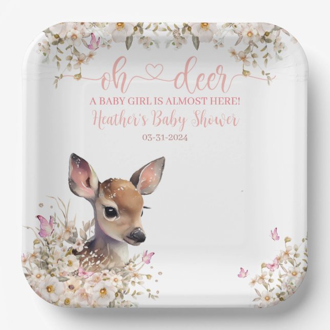 Plato De Papel Chica de Baby Shower Woodland Deer (Anverso)