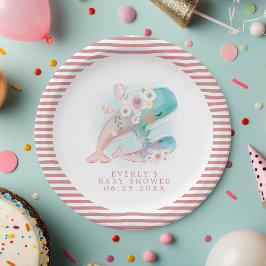 Plato De Papel Chica de ballenas de acuarela floral Baby Shower