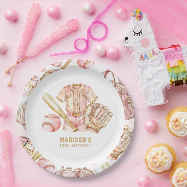 Plato De Papel Chica de béisbol Birthday Personalizado (Fiesta)