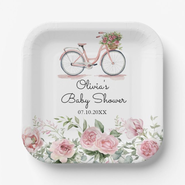 Plato De Papel Chica de bicicleta rosa cúpula Baby Shower (Anverso)