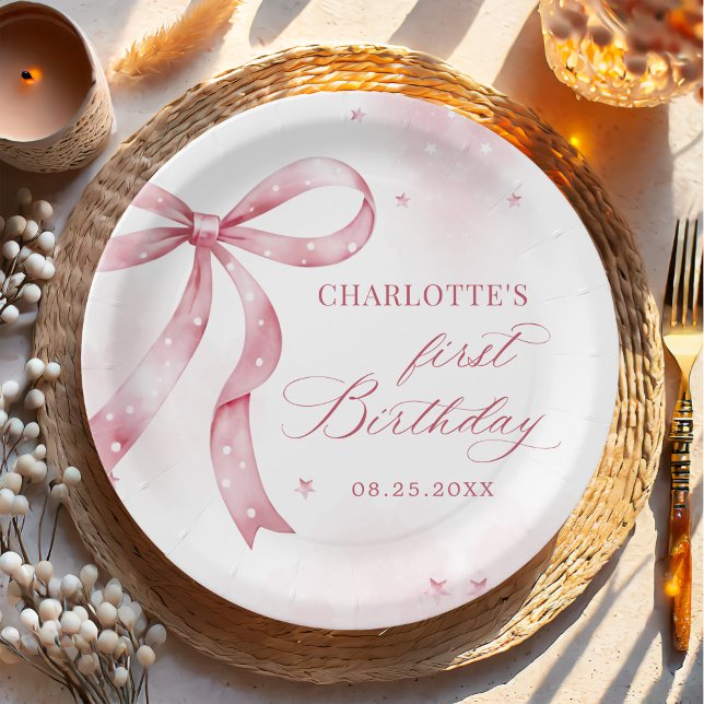Plato De Papel Chica de Bow Rosado Primer Fiesta de Cumpleaños (Subido por el creador)