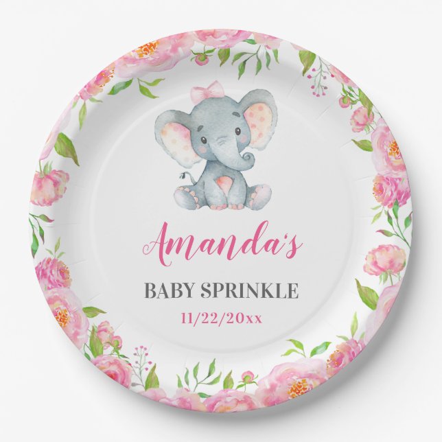 Plato De Papel Chica de cacahuetes elefante, Baby Shower, rociar (Anverso)