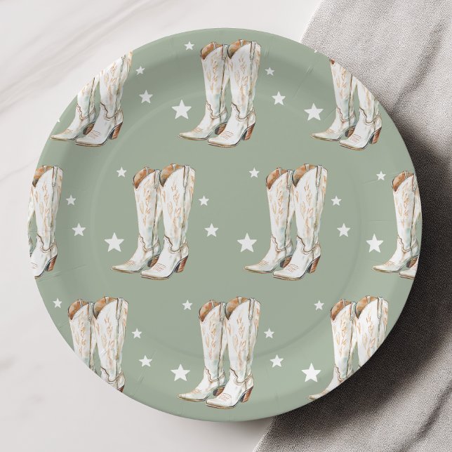 Plato De Papel Chica de campo occidental bota fiesta de cumpleaño (Western Country Cowgirl Boots Sage Green Birthday Party Paper Plates)