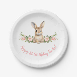 Plato De Papel Chica de conejo floral rosado en primer cumpleaños
